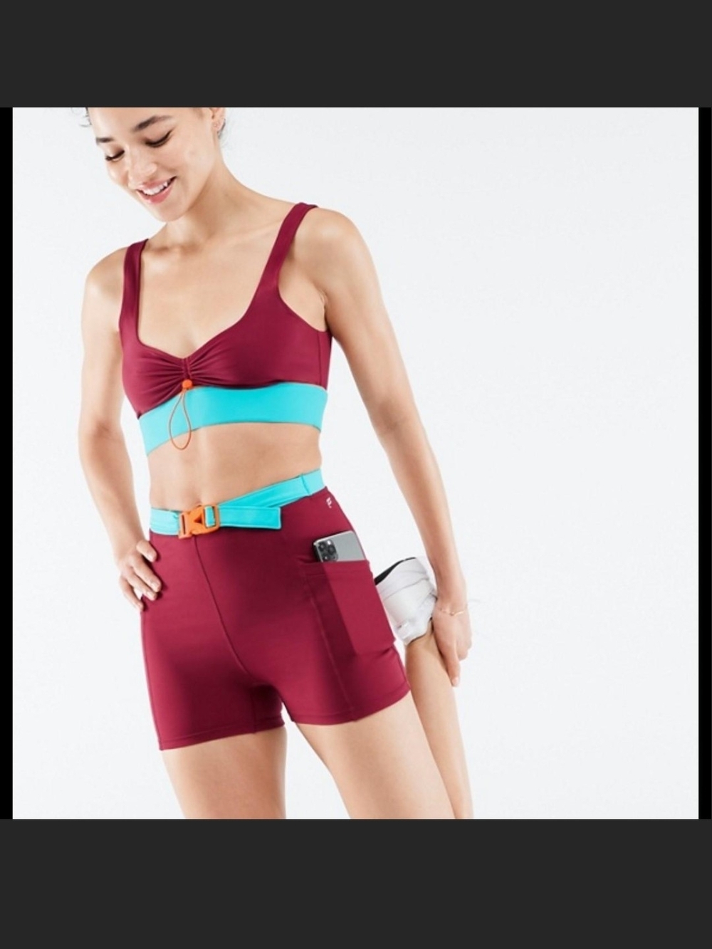 Fabletics Maroon & Teal Activewear Set - Fiona Bra + Hike Pocket Shorts